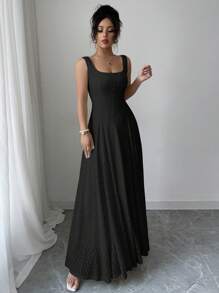 Elenzga Vestido largo de novia/fiesta/casual/oficina, corte evasé, sin mangas, cuello barco, con detalle de hebilla, para primavera/verano - Negro - Ver 3