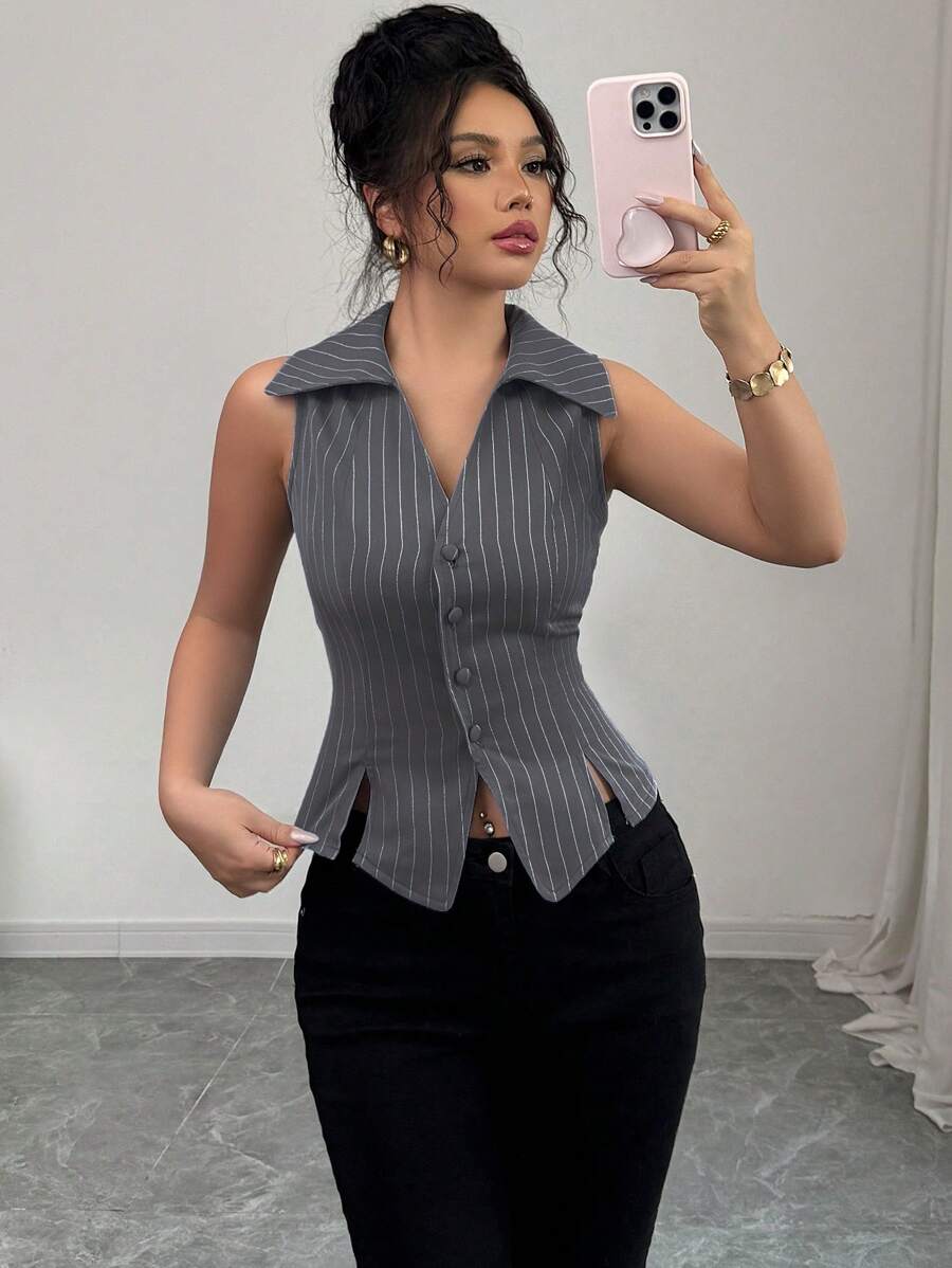 Elenzga Áo sơ mi sọc cổ chữ V thanh lịch kiểu Pháp dành cho nữ có nút trang trí và viền xẻ, phù hợp mặc thường ngày, đi làm, đi nghỉ vào mùa xuân/hè - Xám - Xem 1