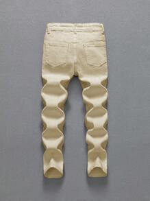 SHEIN Tween Boys' Casual Modern Street Style Distressed Waistband Adjustable Elastic Waist 5-Pocket Skinny Fit Jeans, Versatile Denim Essential All Year Round