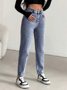 EURMUSE 100%纯棉女士高腰锥形牛仔裤