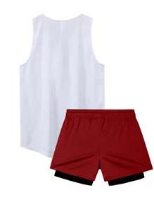 Manfinity Sport Corelite Men's Letter Print Round Neck Tank Top And Drawstring Waist Shorts Sports Suit Workout Set Gym Top Breathable