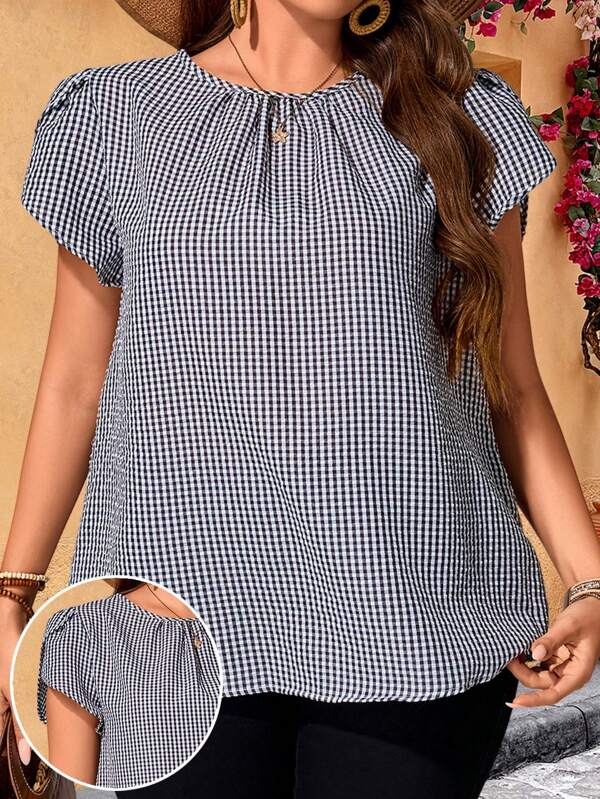 EMERY ROSE Plus Size Women Summer Vacation  Plaid Casual  Round Neck Short Sleeve Shirt, Simple And Fashionable For Everyday Wear