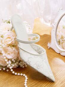 CUCCOO HITCHD Women's Elegant White Mesh & Lace Embroidery Pointed Toe Kitten Heel Mule Slip-On Sandals, Romantic Fashion High Heels For Wedding, Party, Date Night And Other Formal Occasions - White - View 7