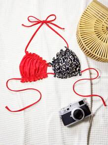 Swim SXY 豹纹撞色荷叶边挂脖性感比基尼上衣