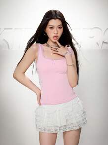 SHEIN EZwear 女士蕾丝吊带背心上衣，紧身有弹性，粉色 - 粉色 - 查看 5