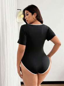 Flirla Plus Size Women Contrasting Color Trim Tight Bodysuit