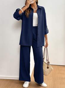 SHEIN Frenchy 2pcs Set Vacation Casual Solid Color Shirt And Pants Winter Blue Spring Holiday Resort - Navy Blue - View 4