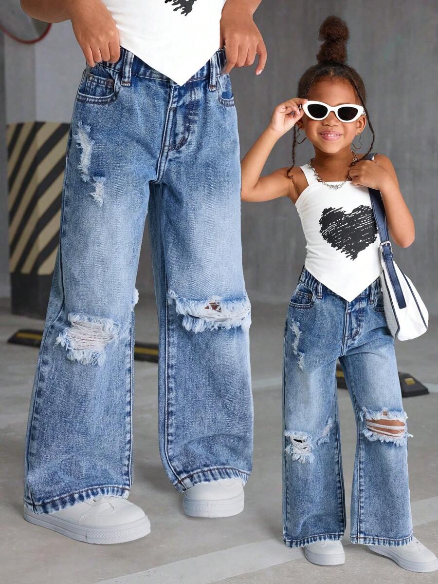 女孩休闲百搭破洞直筒牛仔裤 - 藍色 - 查看 1