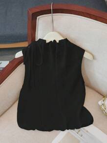 Franclia 优雅无袖弹性下摆宽松 V 领抽绳纹理编织白色女式衬衫，春夏 - 黑色 - 查看 2