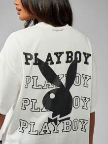 Missguided x Playboy Koszulka z grafiką oversize w stylu retro z klasycznym nadrukiem, z nadrukiem Streetwear, hip-hopowa moda, miejska, swobodna, letnia, na zewnątrz, na festiwal, odzież domowa