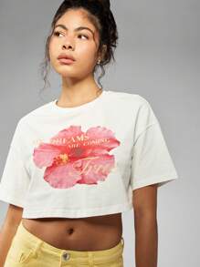 MISSGUIDED 梦想成真花卉印花短款 T 恤夏季海滩休闲短袖励志名言 T 恤度假装节日上衣