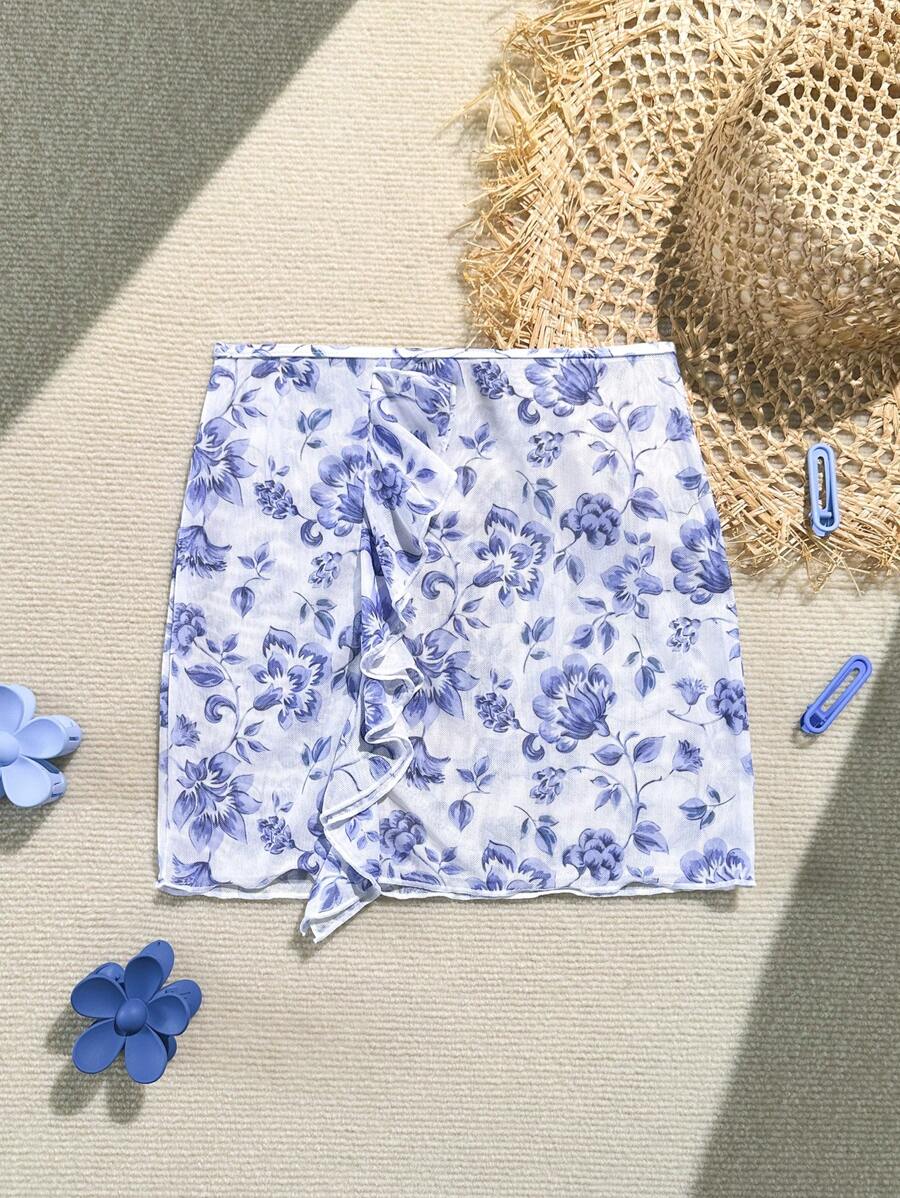 Tween Girl Holiday Floral Print Patchwork Ruffle Hem Kaftan Skirt Set - Blue - View 1