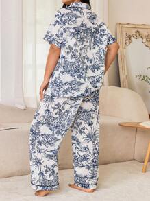 Dream Adore Traditional Chinese Style Portrait & Landscape Print Plus Size Short Sleeve Pajama Set With Collar