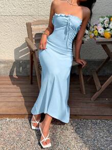 SHEIN Unity Women's Solid Color Frill Trim Front Tie Fitted Dress - Baby Blue - View 6