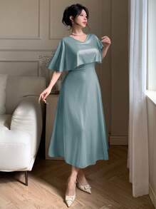DAZY Elegant Solid-Color V-Neck Mid-Length Dress For Women, Suitable For Wedding Guests In Summer Dress - Teal Blue - View 4