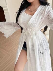 DAZY Vestito da spiaggia lungo da donna con maniche a sbuffo in pizzo, apertura frontale annodabile, con volant