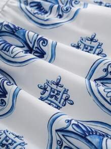 2 件套女士复古印花吊带背心上衣和裙子套装，休闲假日风格 - 藍色 - 查看 3