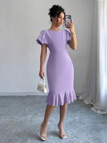Elenzga Elegant Solid Color Petal Sleeve Ruffle Hem Dress For Summer - Purple - View 1