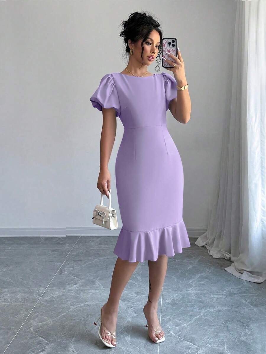 Elenzga Elegant Solid Color Petal Sleeve Ruffle Hem Dress For Summer - Purple - View 1