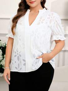 SHEIN Clasi Plus Size Floral Pattern Notch Neck Ruffle Sleeve Blouse, Summer,Summer Outfits For Women,White Top,Going Out Tops