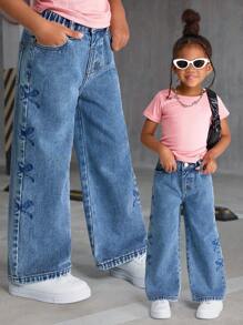 Girls' Comfortable Versatile Washed Butterfly Embroidered Side Seam Jeans, Casual Street-Style - Medium Wash - View 3