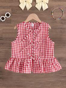 SHEIN Tween Girls' Casual Woven Plaid Round Neck Sleeveless Blouse Top - Red - View 7