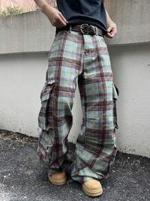 PAVTROS 男士工装口袋格子直筒宽松休闲牛仔裤，适合外出大学度假街头穿着，emo 风格 - 彩色 - 查看 5