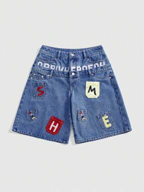 ROMWE Street Life Y2K Streetwear Embroidered Dual Waist Design Low Waist Loose Fit Denim Shorts