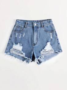Women's Casual Denim Shorts With Pockets & Distressed Frayed Hem, Versatile - Medium Wash - View 6