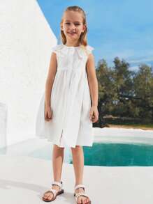 SHEIN Young Girls Vacation Cute Style Collar Seashell Button Embroidered Sundress - Beige - View 3