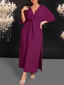 SHEIN Belle Plus Size Solid Color Deep V-Neck Cinched Waist Long Dress, Suitable For Summer - Purple - View 5