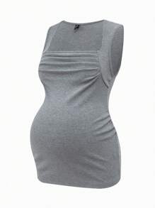 SHEIN Maternity Casual Knitted Ribbed Tank Top With Ruched Detail And Queen Anne Neckline For Everyday Comfort - Multicolor - View 14
