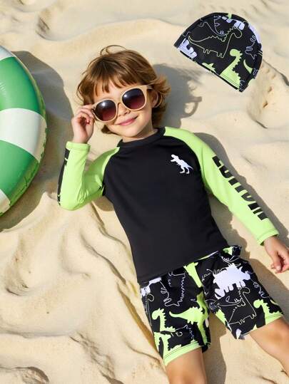 SHEIN 3件套年轻男童男孩休闲运动度假学院街头时尚可爱恐龙图案泳衣游泳裤配泳帽3件套适合儿童游泳沙滩度假玩水泡温泉适合春夏秋冬四季