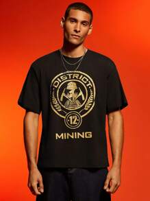 The Hunger Games X SHEIN Men's Black Knitted Casual T-Shirt With District 12 Mining Graphic Print Short Sleeves And Round Neck - Black - View 5