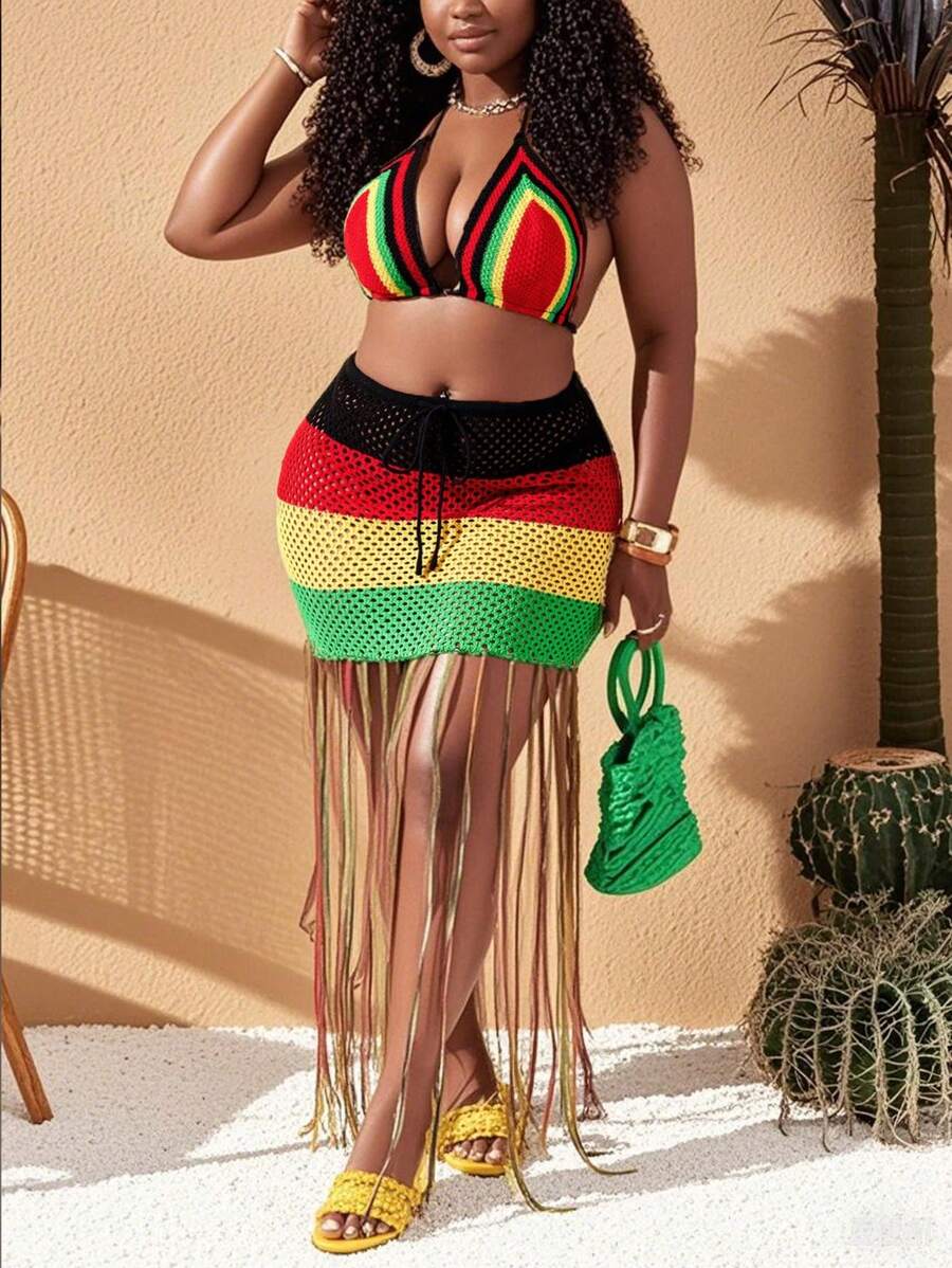 Slaydiva Spring/Summer Vacation Sexy & Beach Crop Top With Cup Strap Backless Design And Fringed Bodycon Skirt Set, Color Block, Plus Size, F - Multicolor - View 1