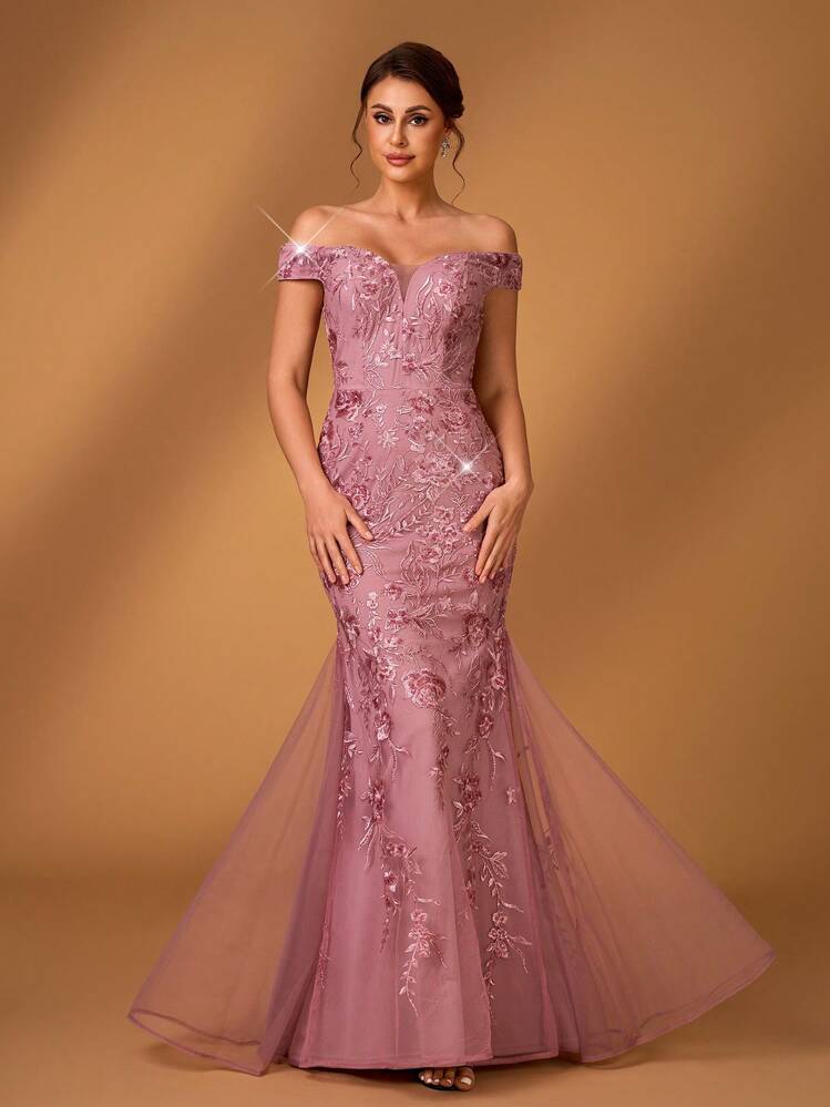 Serin Vestido elegante y lujoso con hombros descubiertos, diseño de encaje bordado en tono rosa loto, ajustado con bajo de sirena y superposición de tul, apropiado para eventos nocturnos, fiestas, citas, bailes, vacaciones, festivales de música, bodas, y vestido de madre de la novia - Rosa vieja - Añade 6