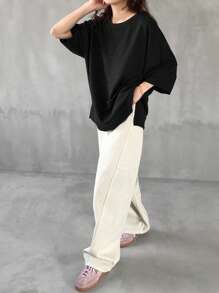 FRIFUL Women's Basic Black Loose Fit T-Shirt, Casual Summer Wear - Black - View 5