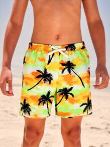 Tween Boys' Coconut Tree Print Woven Fabric Swimming Shorts - Yellow - View 1