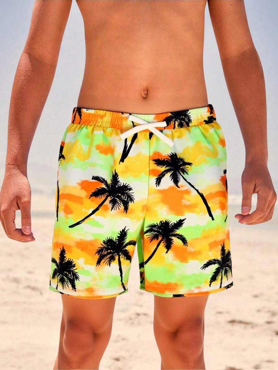 Tween Boys' Coconut Tree Print Woven Fabric Swimming Shorts - Yellow - View 1