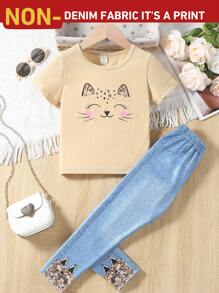 Conjunto de 2 peças de roupa esportiva casual para meninas, camiseta e calça comprida com estampa de gato fofo e rosto sorridente, adequado para uso diário no verão