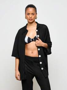AiiRZ Crochet Button-Up Wide Leg Pants Set Resort Vacation Summer Beach Cover Up Loungewear Two Piece Co-Ord Set Textured Knit Flared Pants Suit - Black - View 3