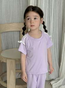 2 Stücke/Set Kleinkind Mädchen lila Kurzarm Top und Hose Lässig Sportanzug, verziert mit Schleife und Schleife, geeignet für Kleinkind Mädchen im Sommer, vielseitig kombinierbar