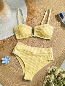 KARISMINA Women's Summer Vacation Striped Spaghetti Strap Bikini Set,Women Summer Clothing,Suitable For Summer Vacation,European Summer - Yellow - View 1