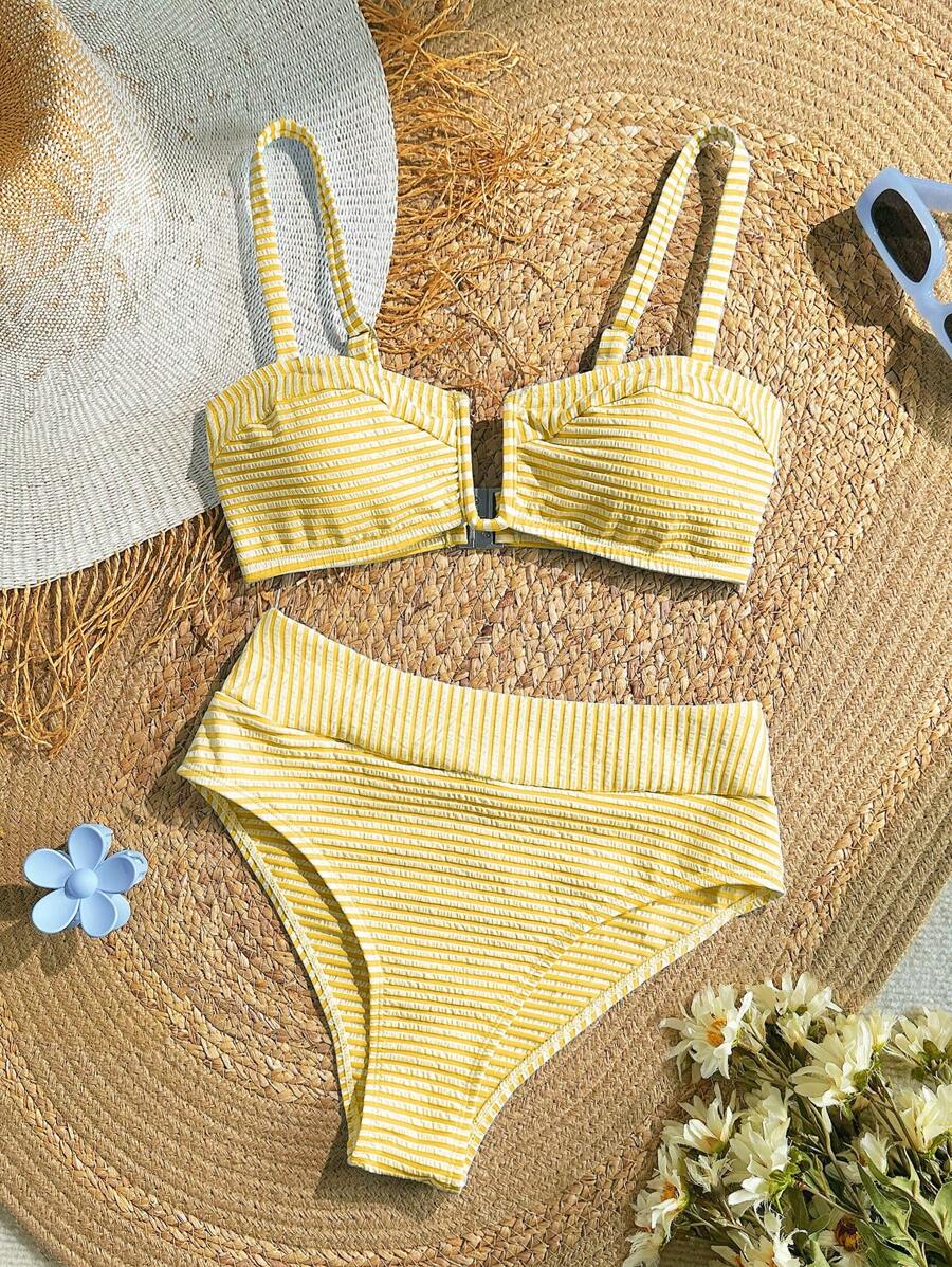 KARISMINA Women's Summer Vacation Striped Spaghetti Strap Bikini Set,Women Summer Clothing,Suitable For Summer Vacation,European Summer - Yellow - View 1