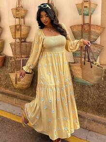 SHEIN Clasi 大码花卉印花宽松休闲长袖连衣裙 - 黃色 - 查看 3