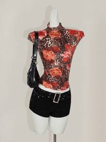 SHEIN ICON Fitted Leopard Pattern Bad Print Mock Neck Short Cap Sleeve Women T-Shirt - Brown - View 5