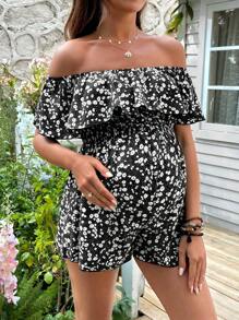SHEIN Gekräuselter Rüschen Blümchen Umstandsmode-Jumpsuit