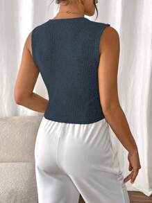 SHEIN Frenchy Women's Solid Color Single-Breasted V-Neck Casual Versatile Camisole Summer Blue - Navy Blue - View 2