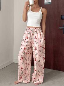 DAZY Striped Cartoon Pattern Print Loose Straight Leg Pajama Bottoms - Pink - View 7