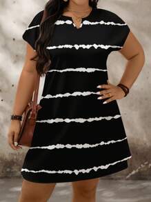 SHEIN LUNE Plus Size Striped & Color Block Print Casual Loose Short Sleeve Dress, Summer - Black - View 6